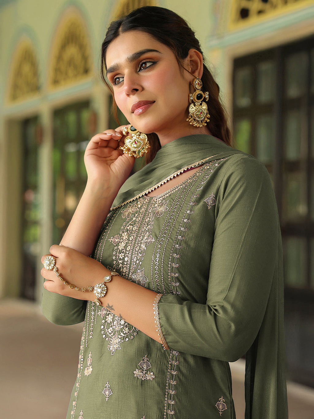 Janasya Sage Straight Silk Blend Kurta,Bottom & Dupatta | Grocsy