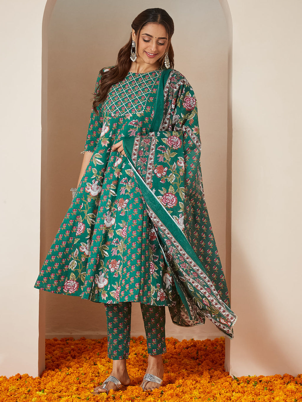 Janasya Bright Cotton Floral Anarkali Kurta Set | Grocsy