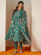 Janasya Bright Cotton Floral Anarkali Kurta Set | Grocsy