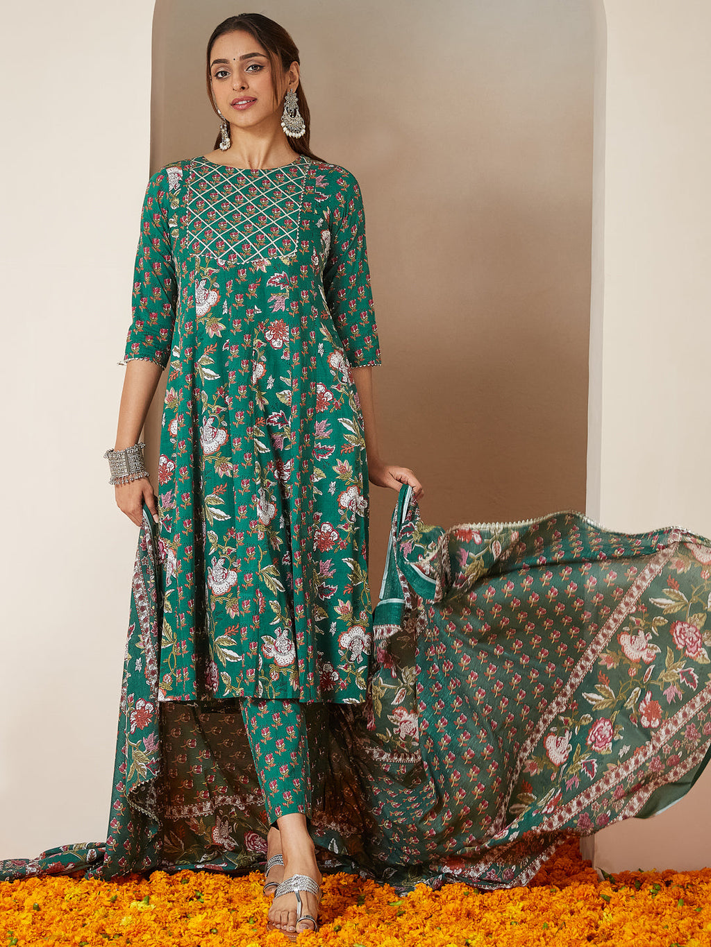 Janasya Bright Cotton Floral Anarkali Kurta Set | Grocsy