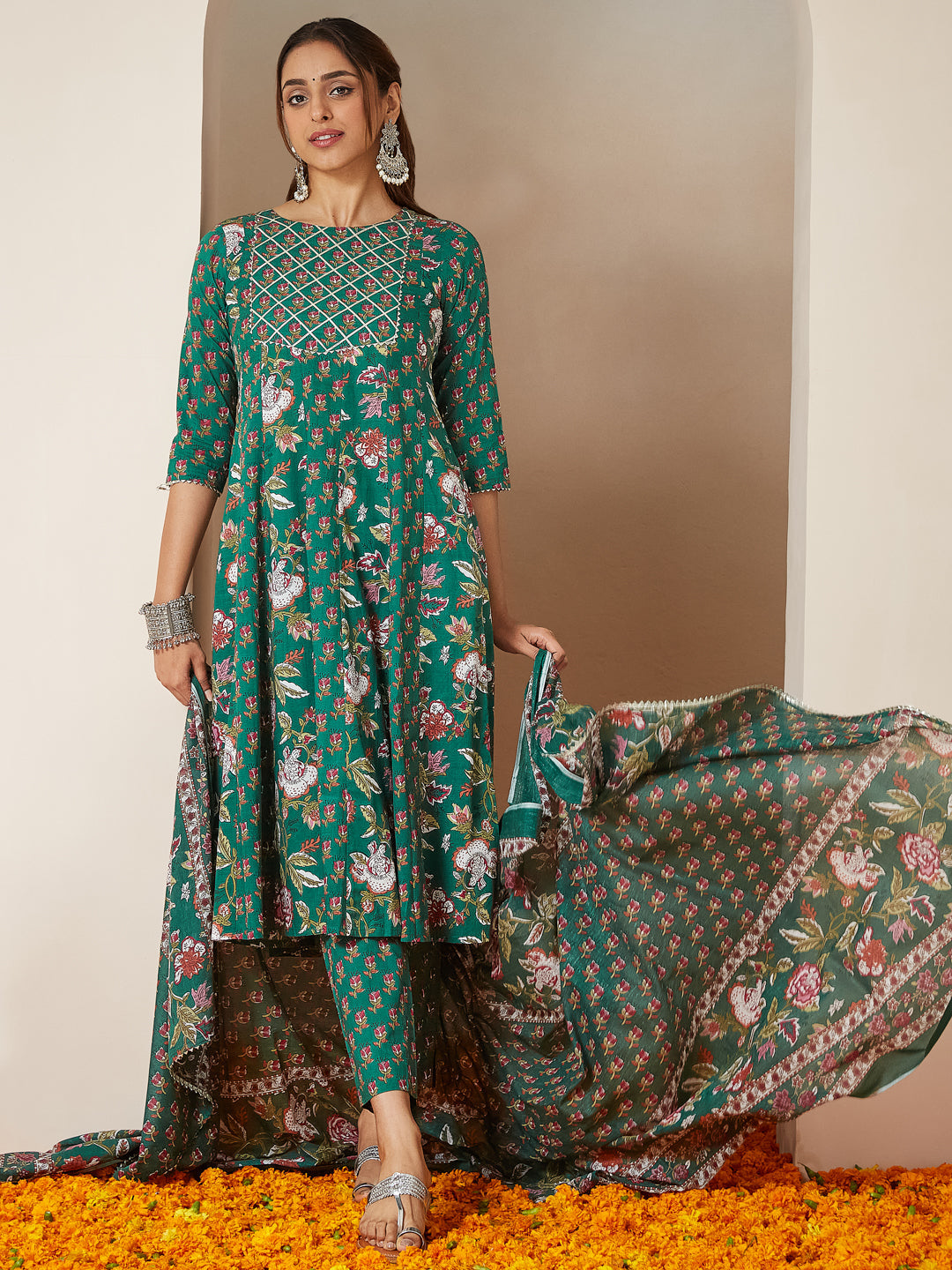 Janasya Bright Cotton Floral Anarkali Kurta Set | Grocsy