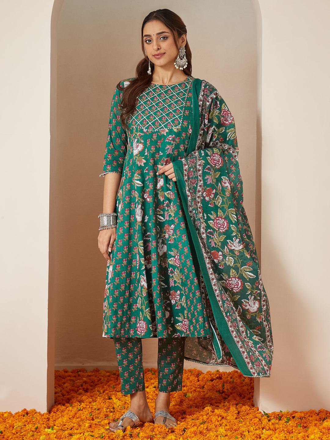 Janasya Bright Cotton Floral Anarkali Kurta Set | Grocsy