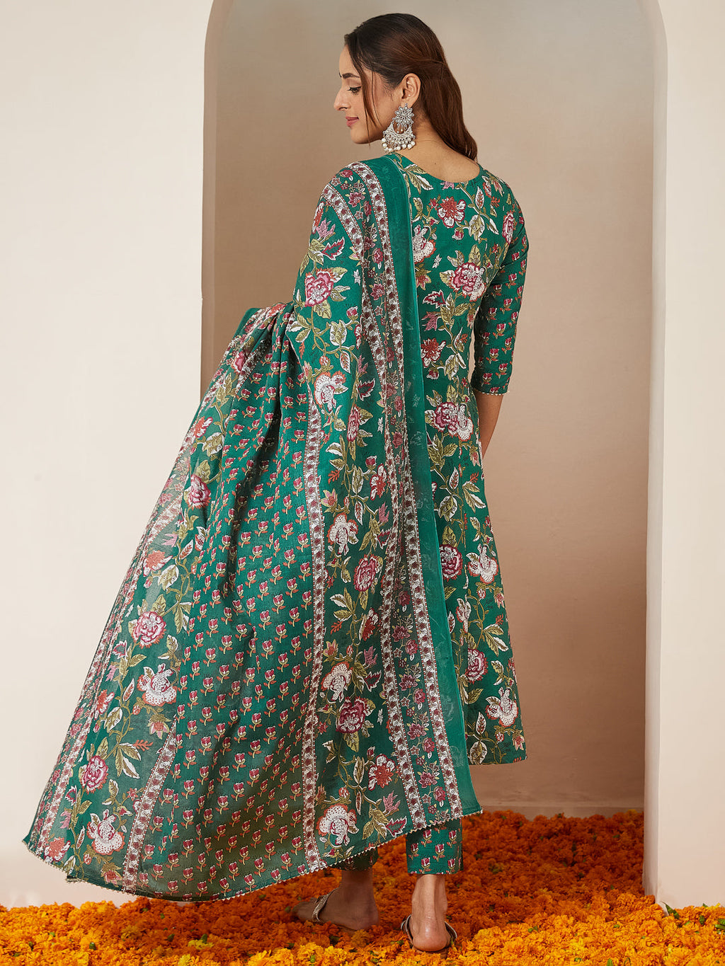Janasya Bright Cotton Floral Anarkali Kurta Set | Grocsy