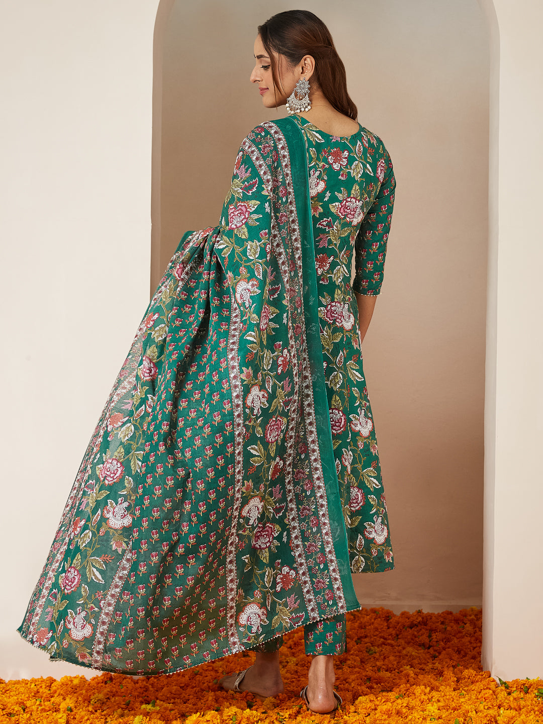 Janasya Bright Cotton Floral Anarkali Kurta Set | Grocsy
