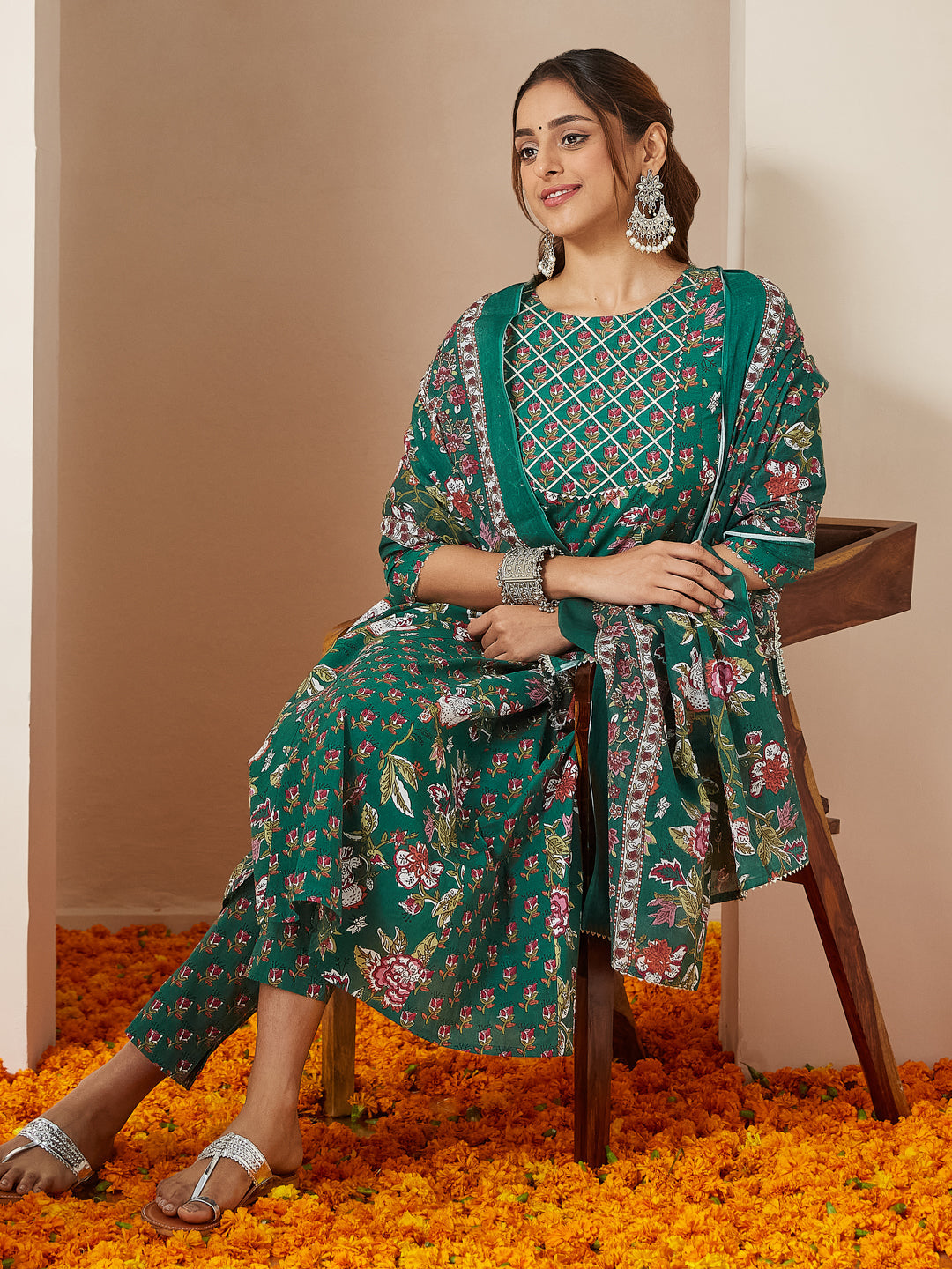 Janasya Bright Cotton Floral Anarkali Kurta Set | Grocsy
