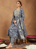 Janasya Dark Cotton Floral Anarkali Kurta Set | Grocsy