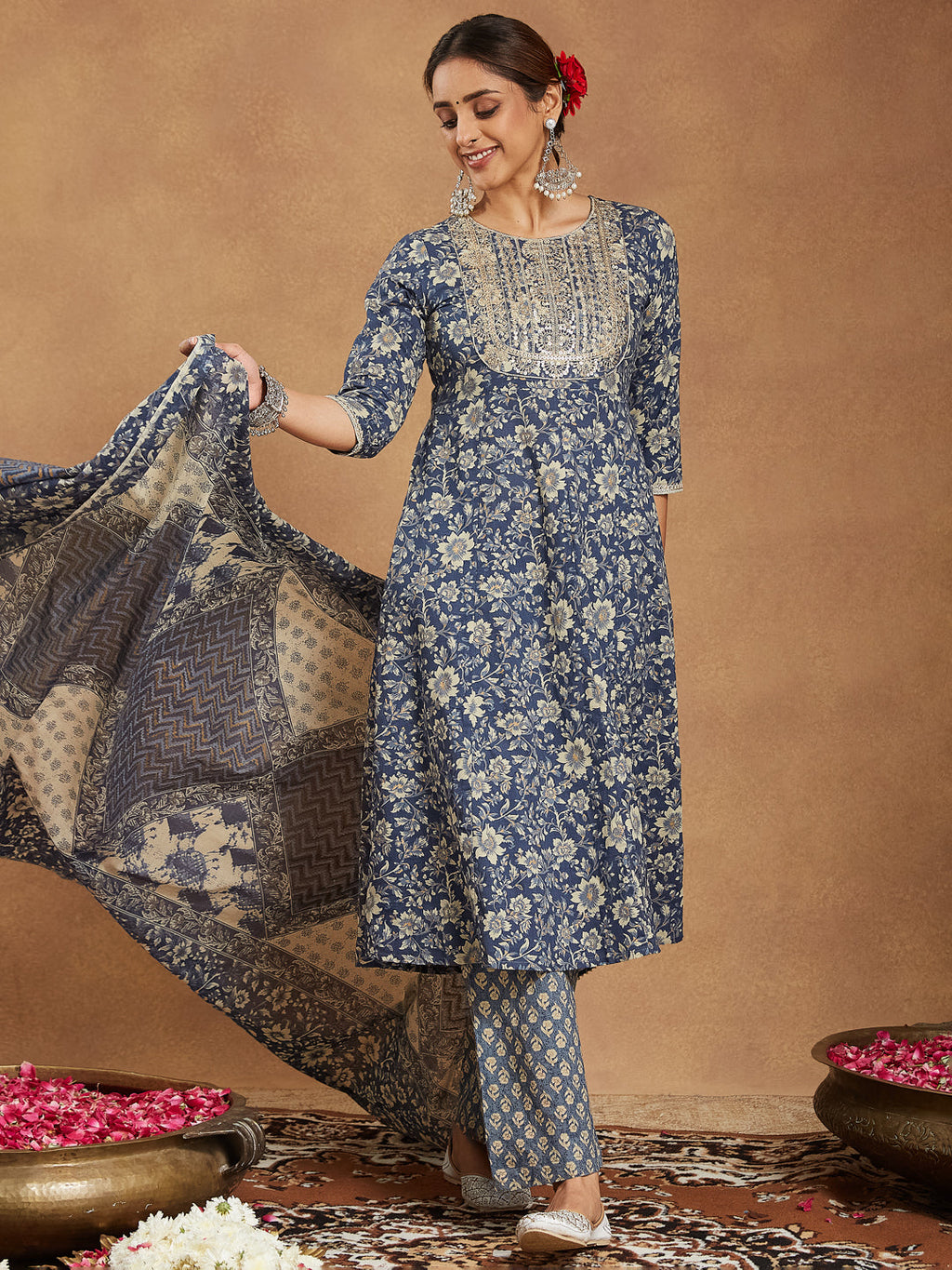 Janasya Dark Cotton Floral Anarkali Kurta Set | Grocsy