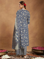 Janasya Dark Cotton Floral Anarkali Kurta Set | Grocsy