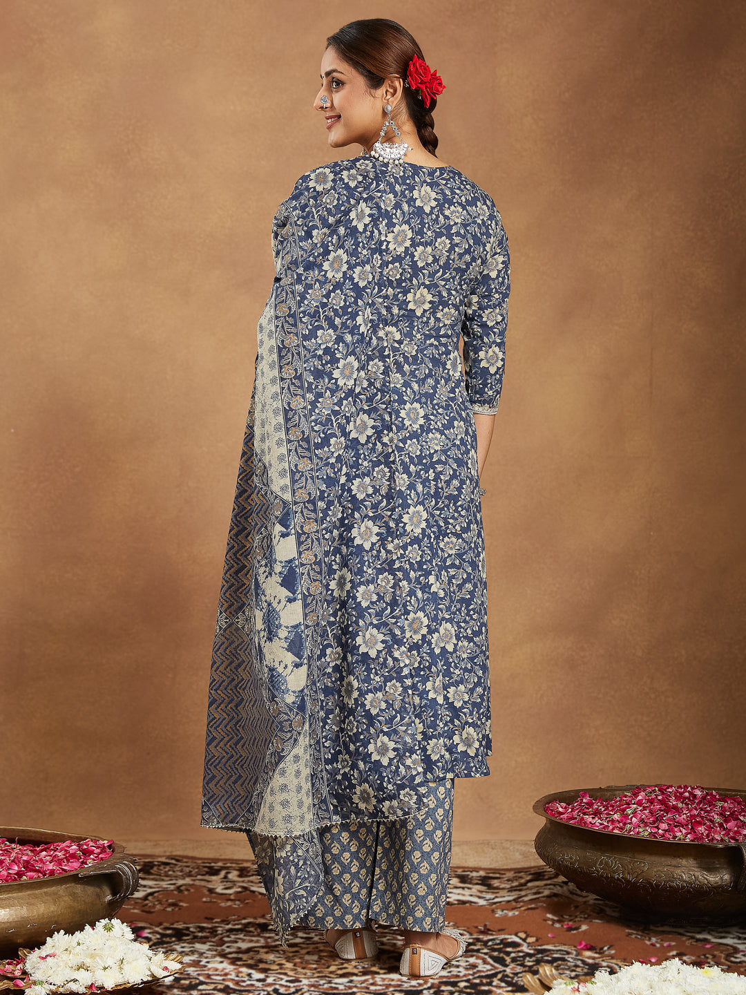 Janasya Dark Cotton Floral Anarkali Kurta Set | Grocsy
