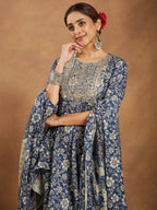 Janasya Dark Cotton Floral Anarkali Kurta Set | Grocsy