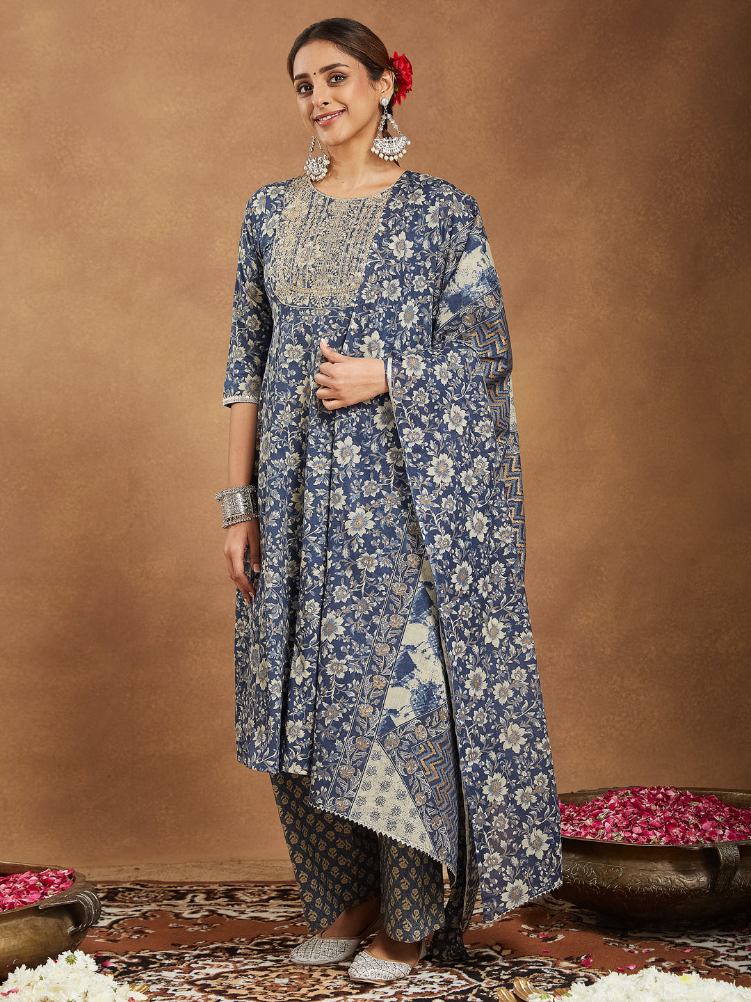 Janasya Dark Cotton Floral Anarkali Kurta Set | Grocsy