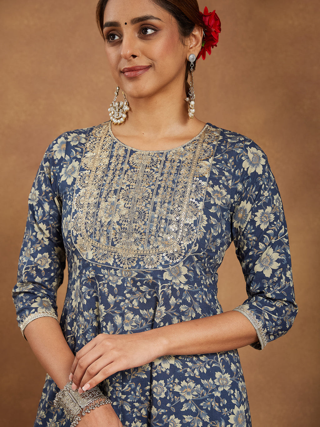 Janasya Dark Cotton Floral Anarkali Kurta Set | Grocsy