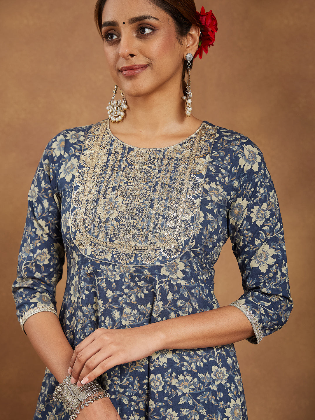 Janasya Dark Cotton Floral Anarkali Kurta Set | Grocsy