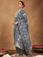 Janasya Dark Cotton Floral Anarkali Kurta Set | Grocsy