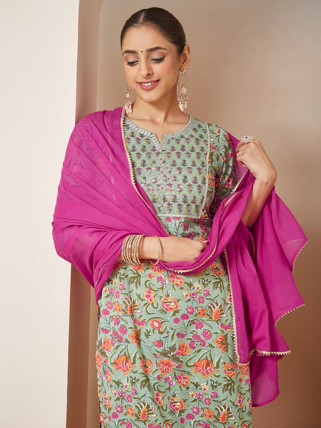 Janasya Light Cambric Floral A-Line Kurta Set | Grocsy