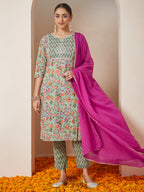 Janasya Light Cambric Floral A-Line Kurta Set | Grocsy
