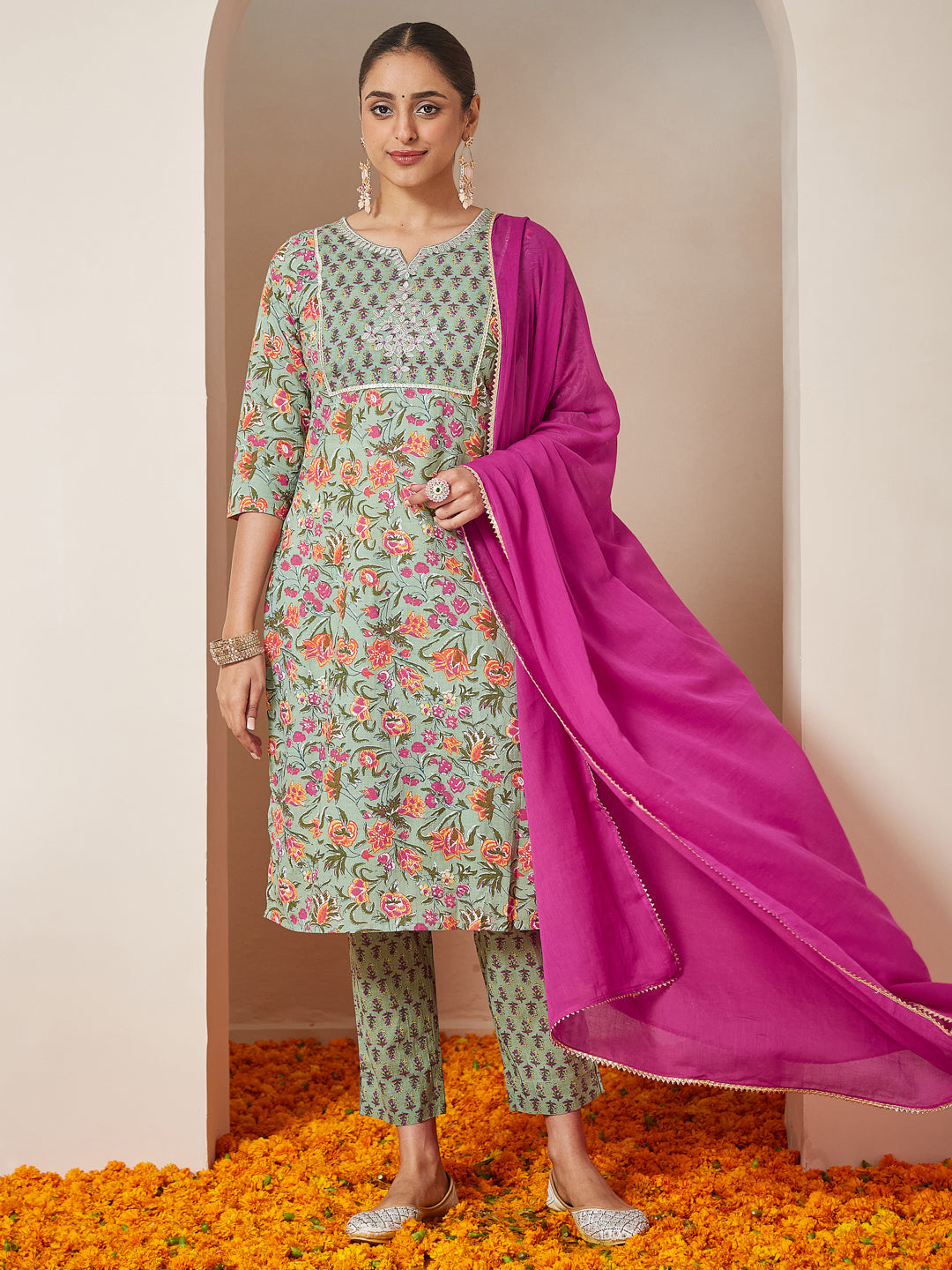 Janasya Light Cambric Floral A-Line Kurta Set | Grocsy