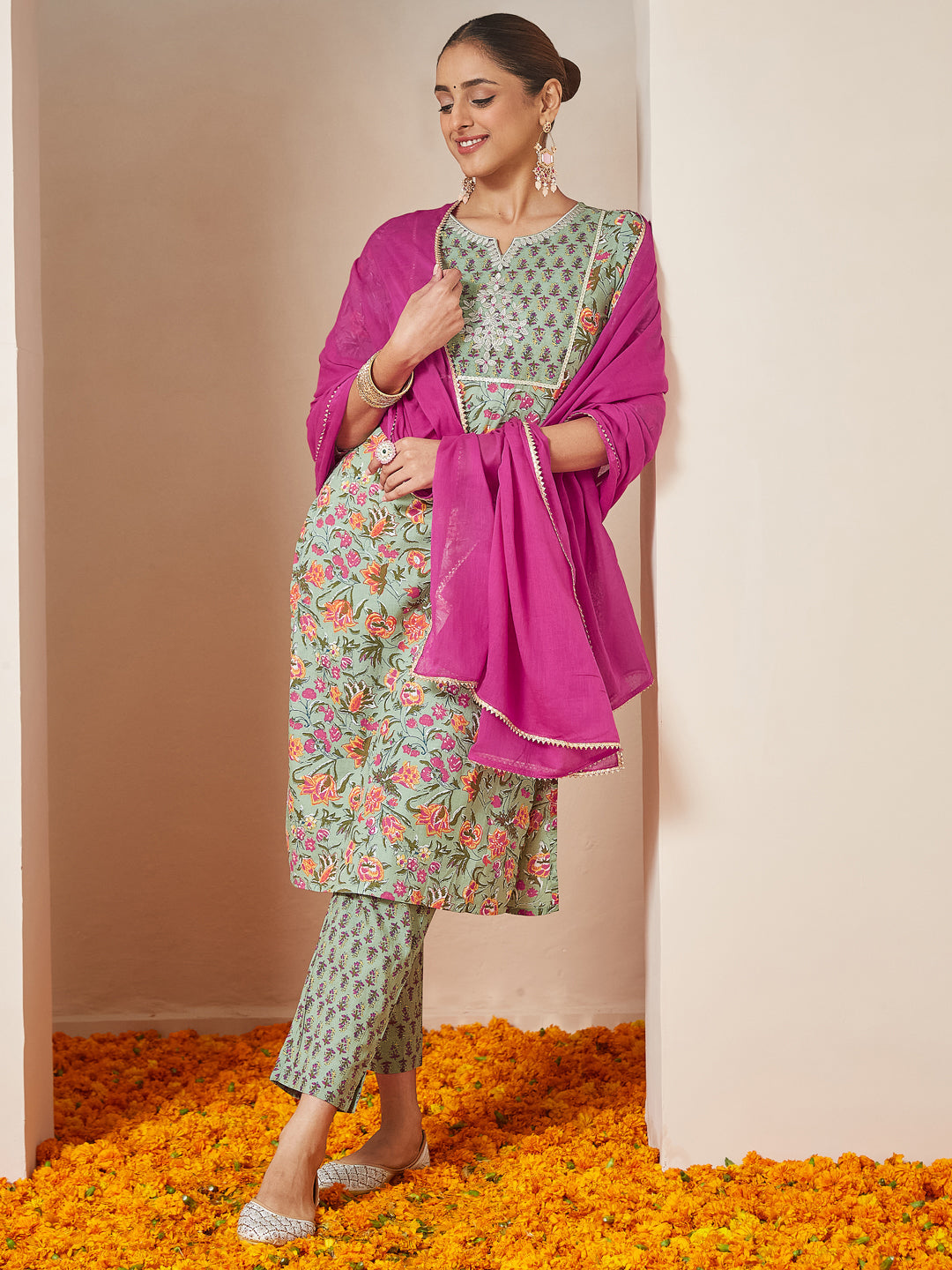 Janasya Light Cambric Floral A-Line Kurta Set | Grocsy