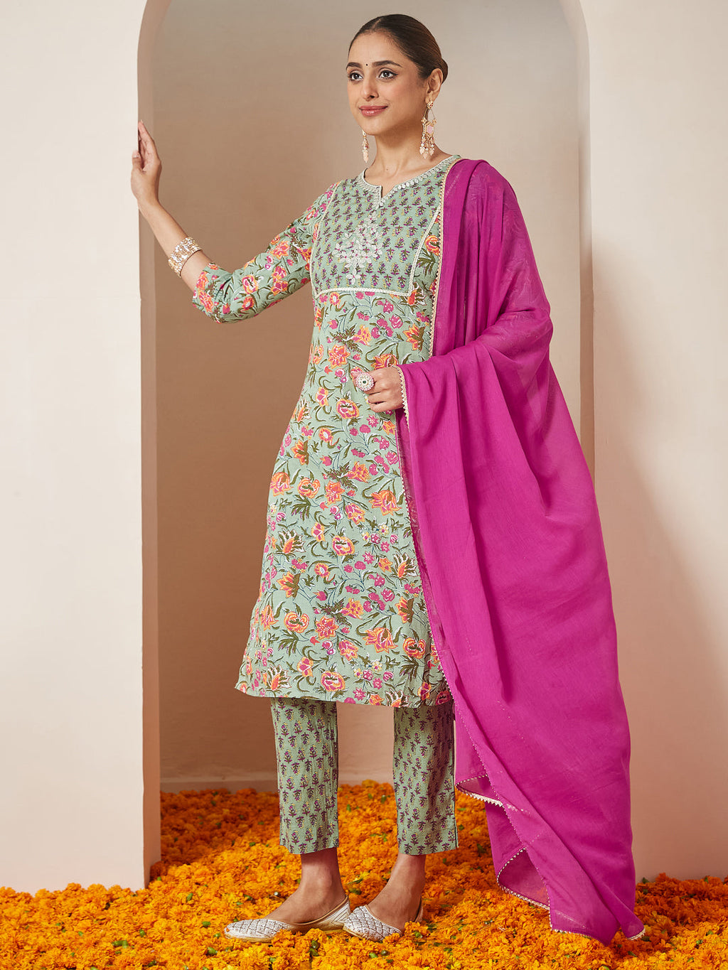 Janasya Light Cambric Floral A-Line Kurta Set | Grocsy