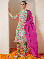Janasya Light Cambric Floral A-Line Kurta Set | Grocsy