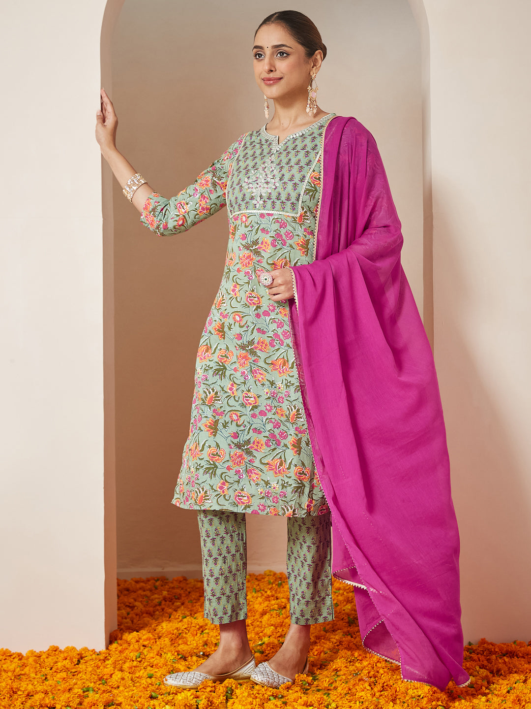 Janasya Light Cambric Floral A-Line Kurta Set | Grocsy