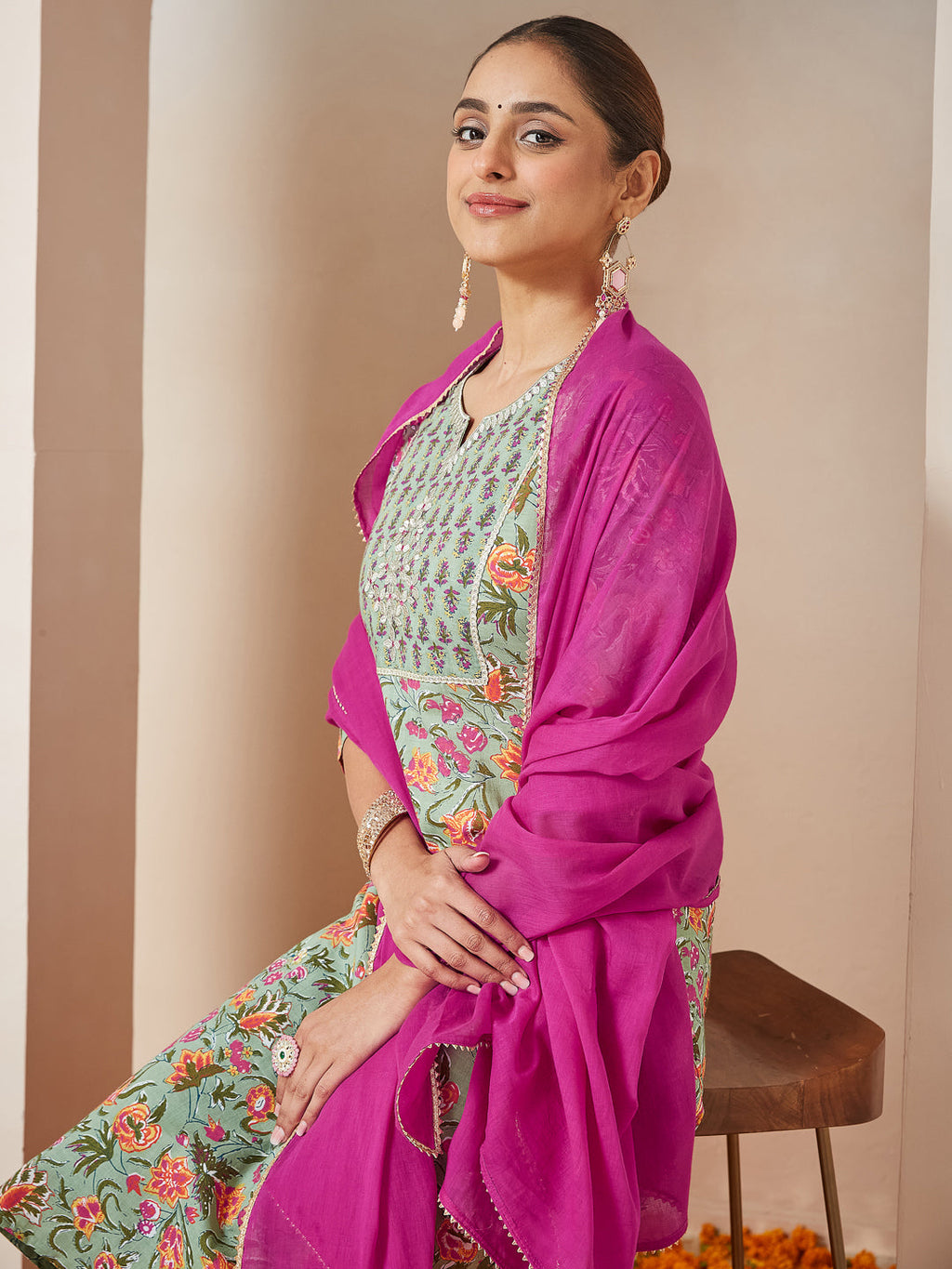 Janasya Light Cambric Floral A-Line Kurta Set | Grocsy