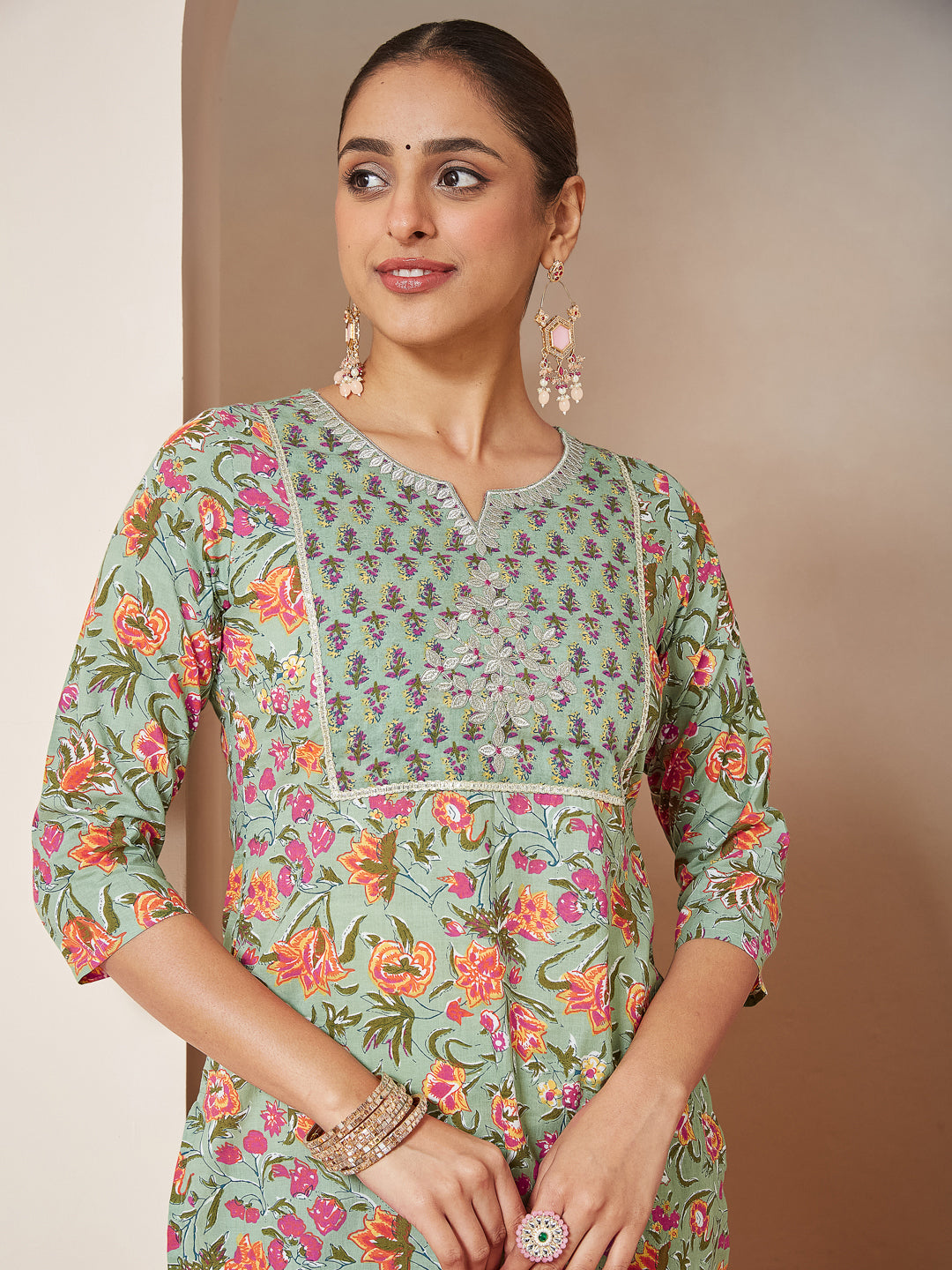 Janasya Light Cambric Floral A-Line Kurta Set | Grocsy