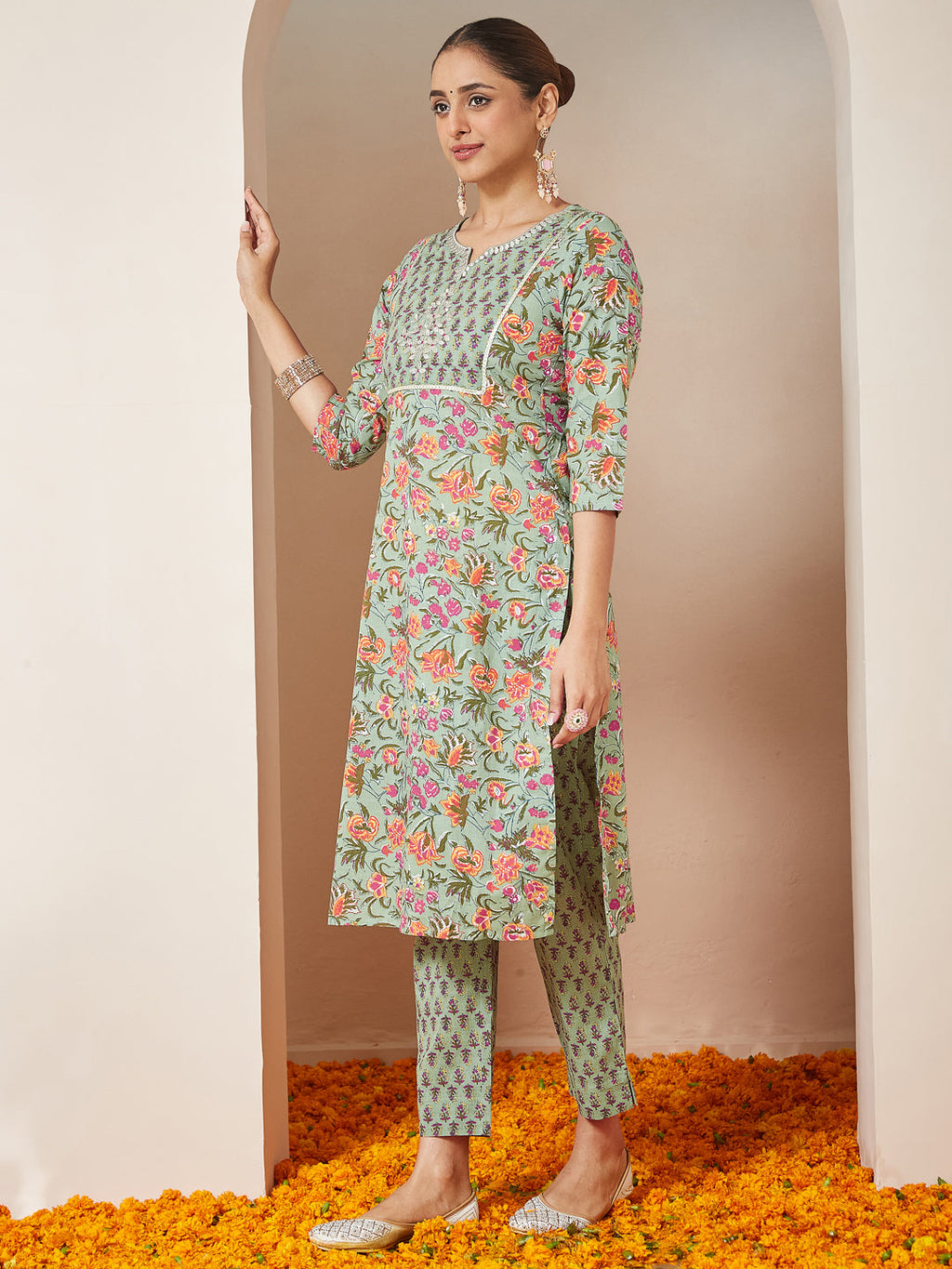 Janasya Light Cambric Floral A-Line Kurta Set | Grocsy