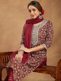 Janasya Dark Cotton Ethnic Motifs Straight Kurta Set | Grocsy