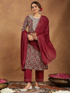 Janasya Dark Cotton Ethnic Motifs Straight Kurta Set | Grocsy