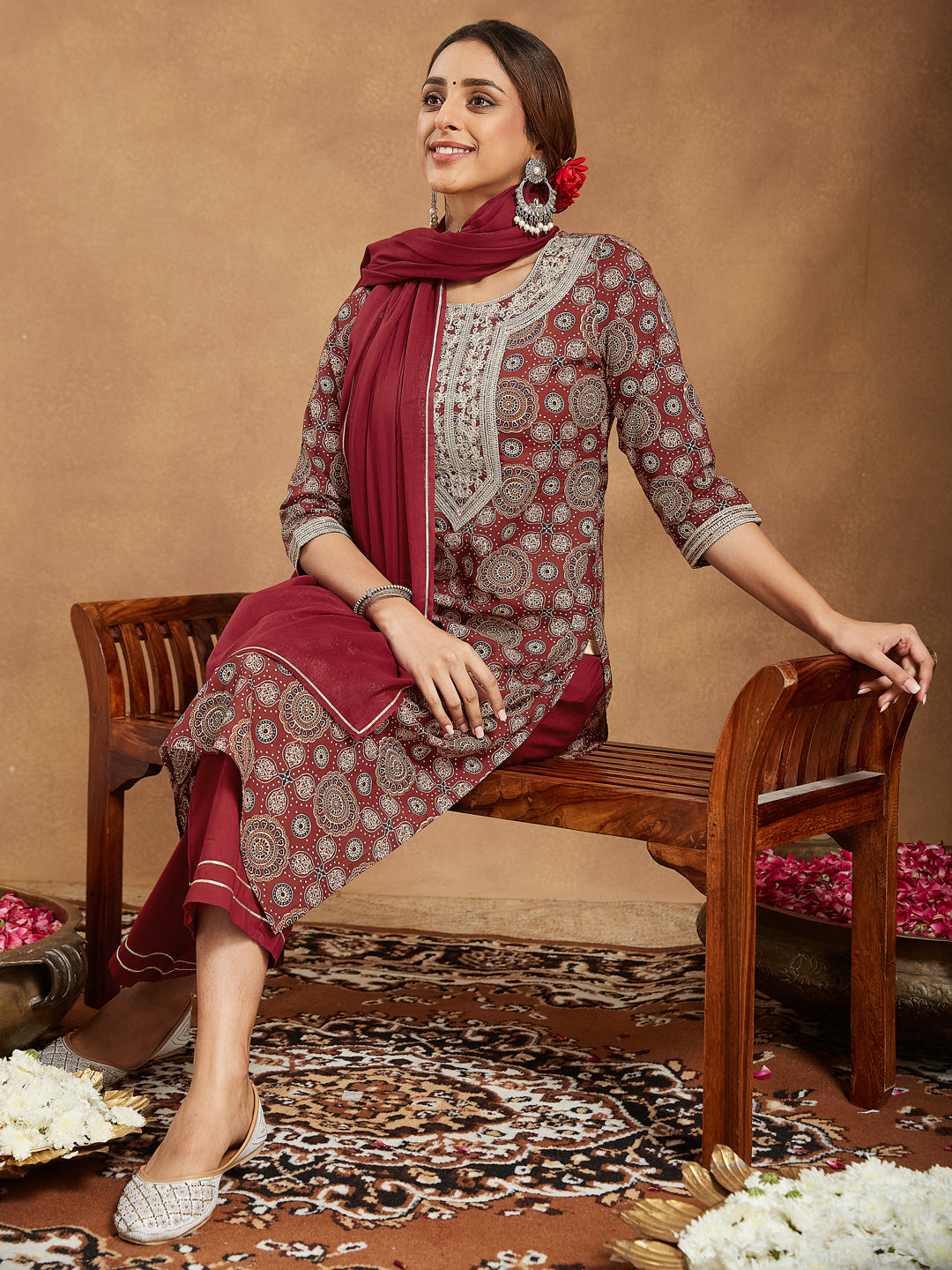 Janasya Dark Cotton Ethnic Motifs Straight Kurta Set | Grocsy