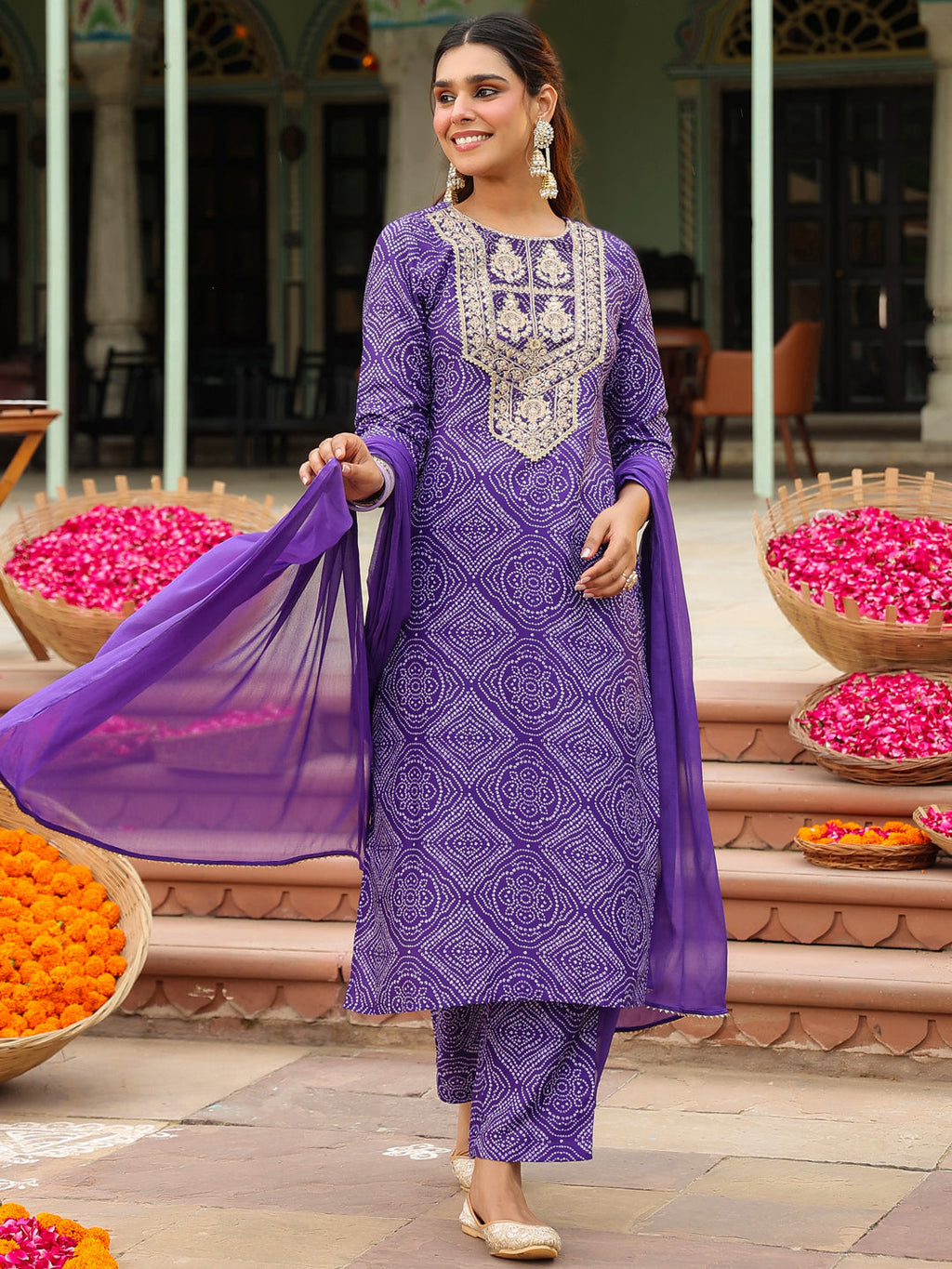 Janasya Purple Straight Rayon Blend Kurta,Bottom & Dupatta | Grocsy