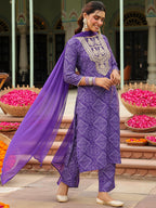 Janasya Purple Straight Rayon Blend Kurta,Bottom & Dupatta | Grocsy