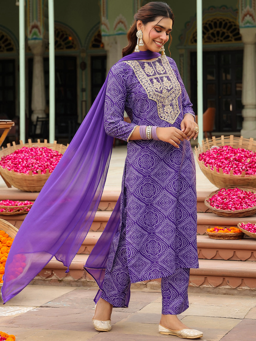 Janasya Purple Straight Rayon Blend Kurta,Bottom & Dupatta | Grocsy