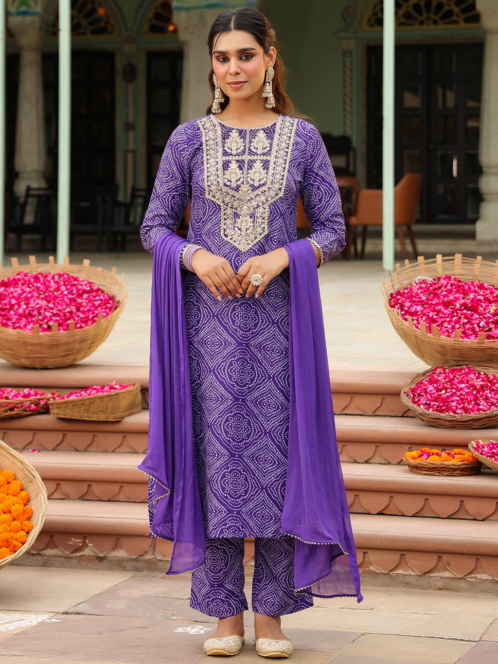 Janasya Purple Straight Rayon Blend Kurta,Bottom & Dupatta | Grocsy