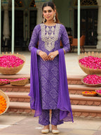 Janasya Purple Straight Rayon Blend Kurta,Bottom & Dupatta | Grocsy