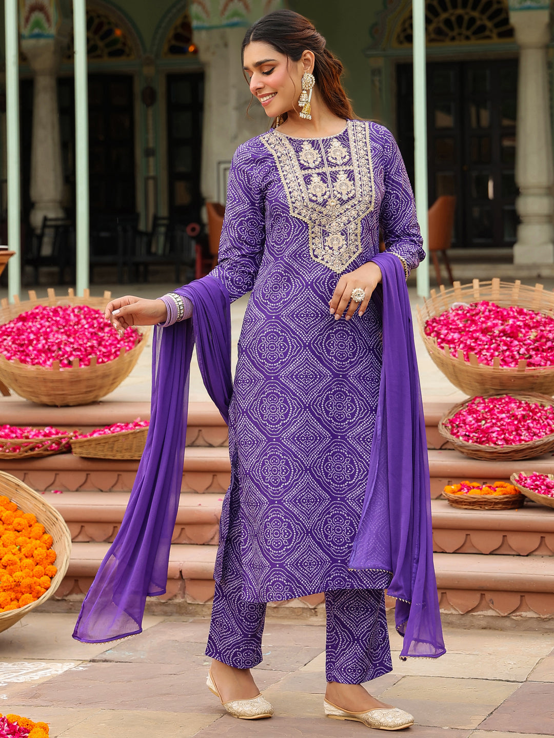 Janasya Purple Straight Rayon Blend Kurta,Bottom & Dupatta | Grocsy