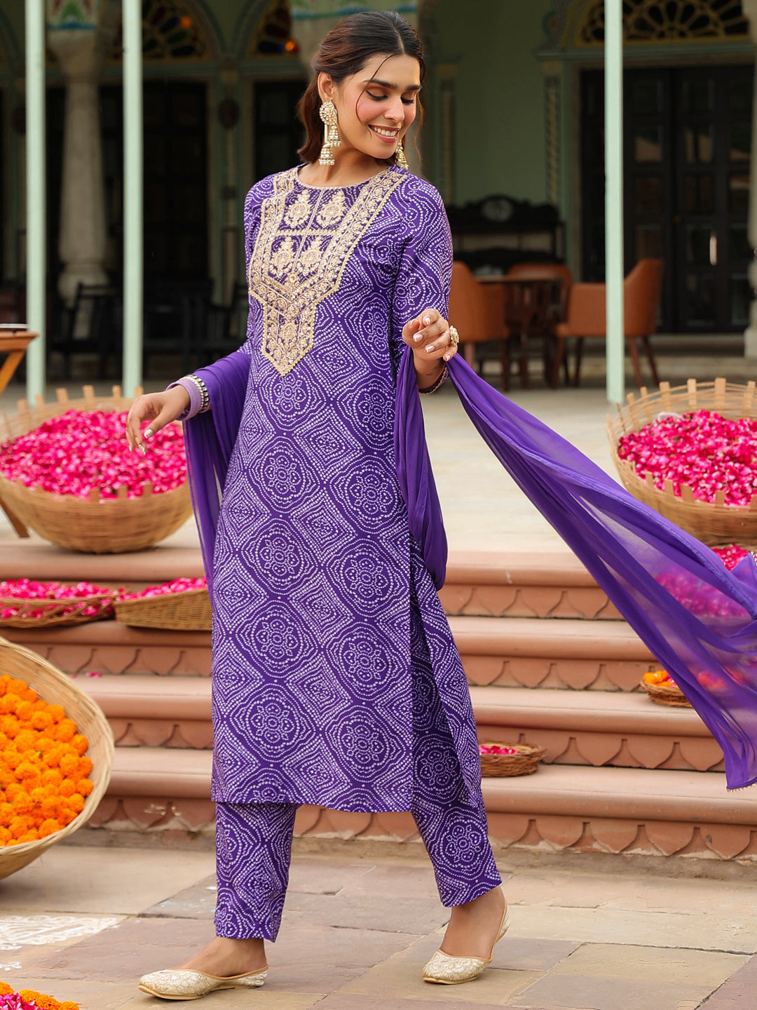 Janasya Purple Straight Rayon Blend Kurta,Bottom & Dupatta | Grocsy
