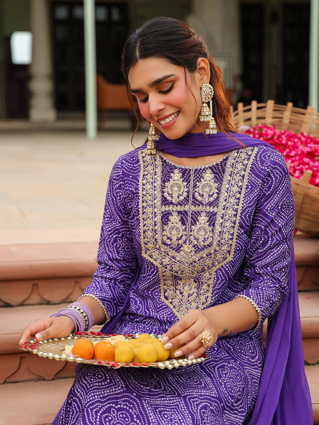 Janasya Purple Straight Rayon Blend Kurta,Bottom & Dupatta | Grocsy