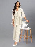 Janasya Light Dobby Chiffon Self Design Peplum Top & Bottom Set | Grocsy