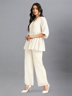 Janasya Light Dobby Chiffon Self Design Peplum Top & Bottom Set | Grocsy