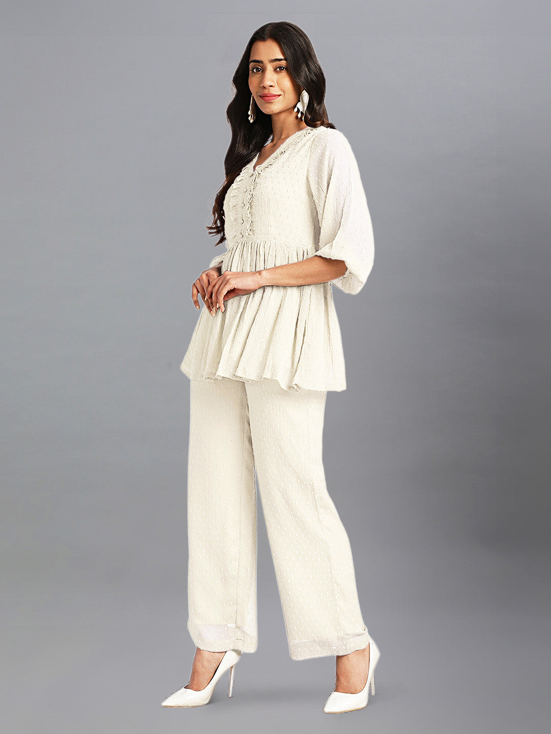 Janasya Light Dobby Chiffon Self Design Peplum Top & Bottom Set | Grocsy