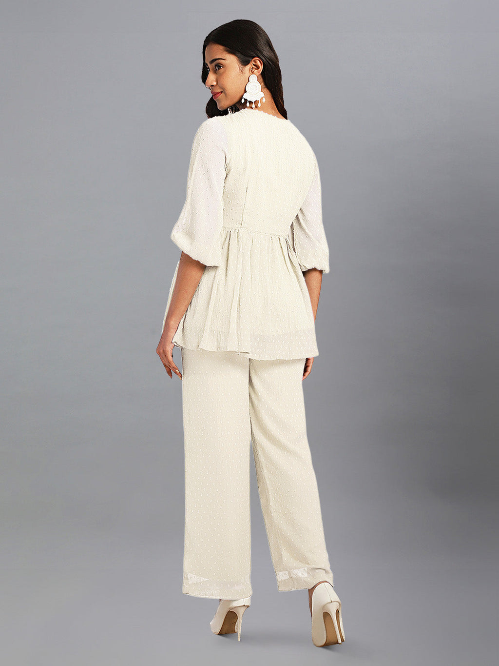 Janasya Light Dobby Chiffon Self Design Peplum Top & Bottom Set | Grocsy
