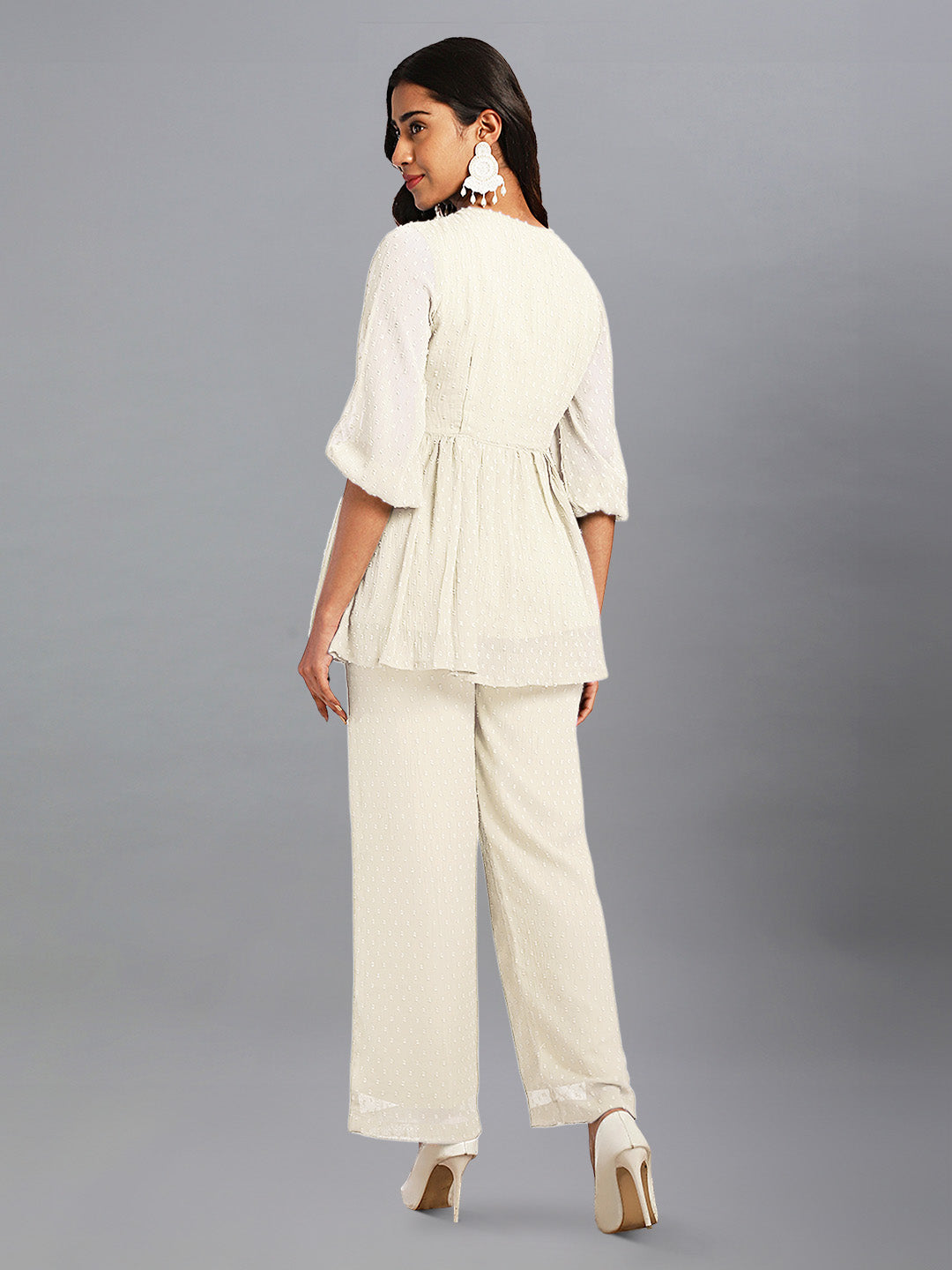 Janasya Light Dobby Chiffon Self Design Peplum Top & Bottom Set | Grocsy