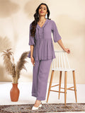 Janasya Light Dobby Chiffon Self Design Peplum Top & Bottom Set | Grocsy