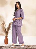 Janasya Light Dobby Chiffon Self Design Peplum Top & Bottom Set | Grocsy