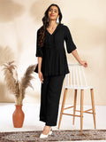 Janasya Light Dobby Chiffon Self Design Peplum Top & Bottom Set | Grocsy