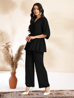 Janasya Light Dobby Chiffon Self Design Peplum Top & Bottom Set | Grocsy