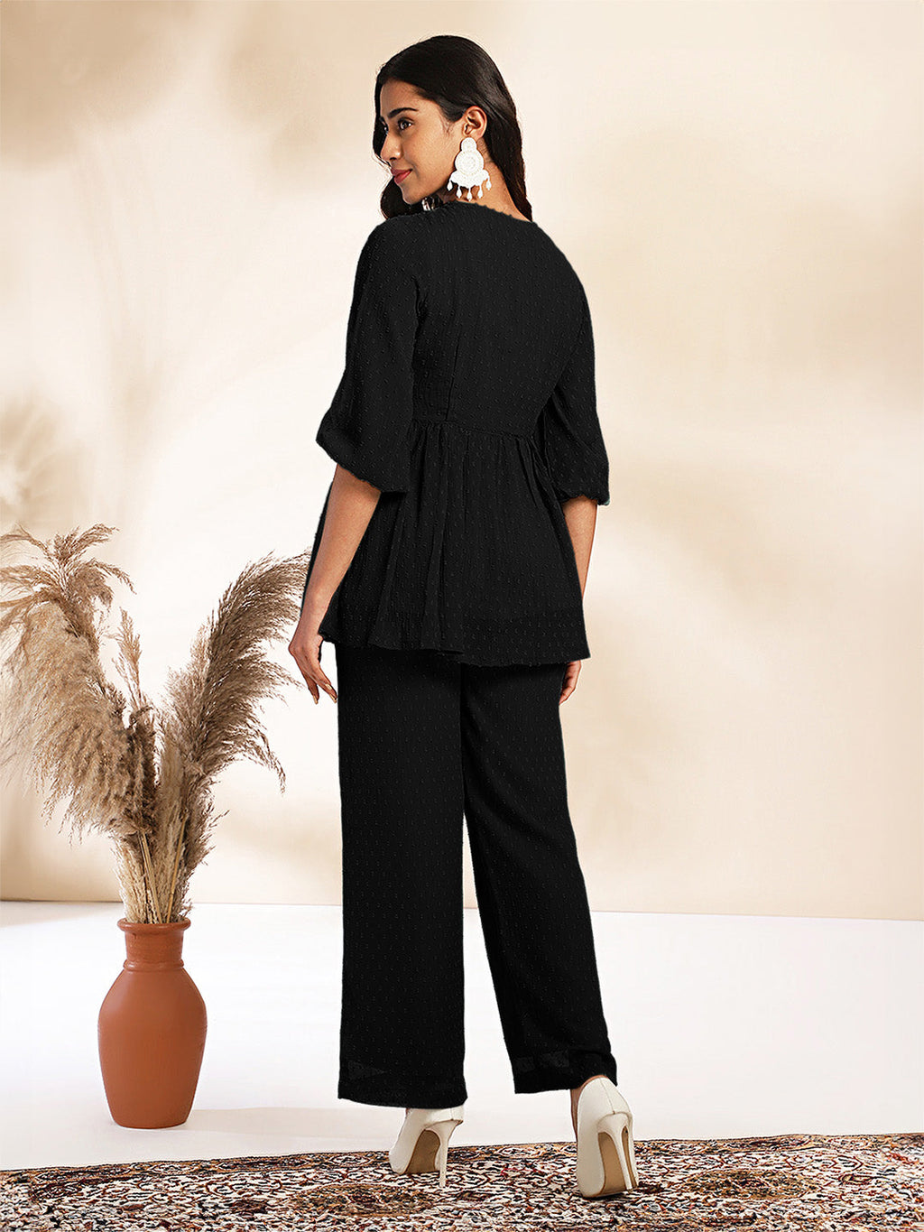 Janasya Light Dobby Chiffon Self Design Peplum Top & Bottom Set | Grocsy