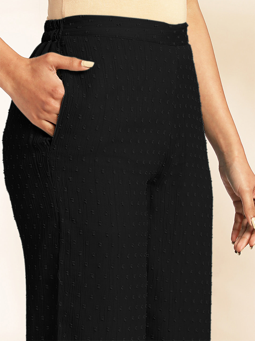 Janasya Light Dobby Chiffon Self Design Peplum Top & Bottom Set | Grocsy